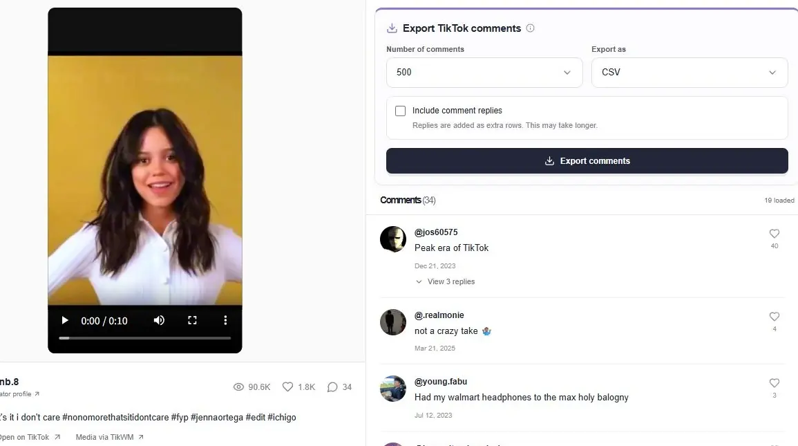 TikTok Viewer workspace with a public video, creator details, comments and spreadsheet export controls